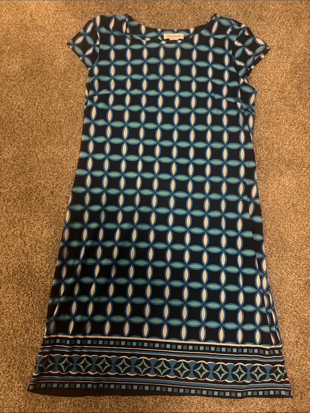 Liz Claiborne Navy Dress with Teal & White Geometric Print